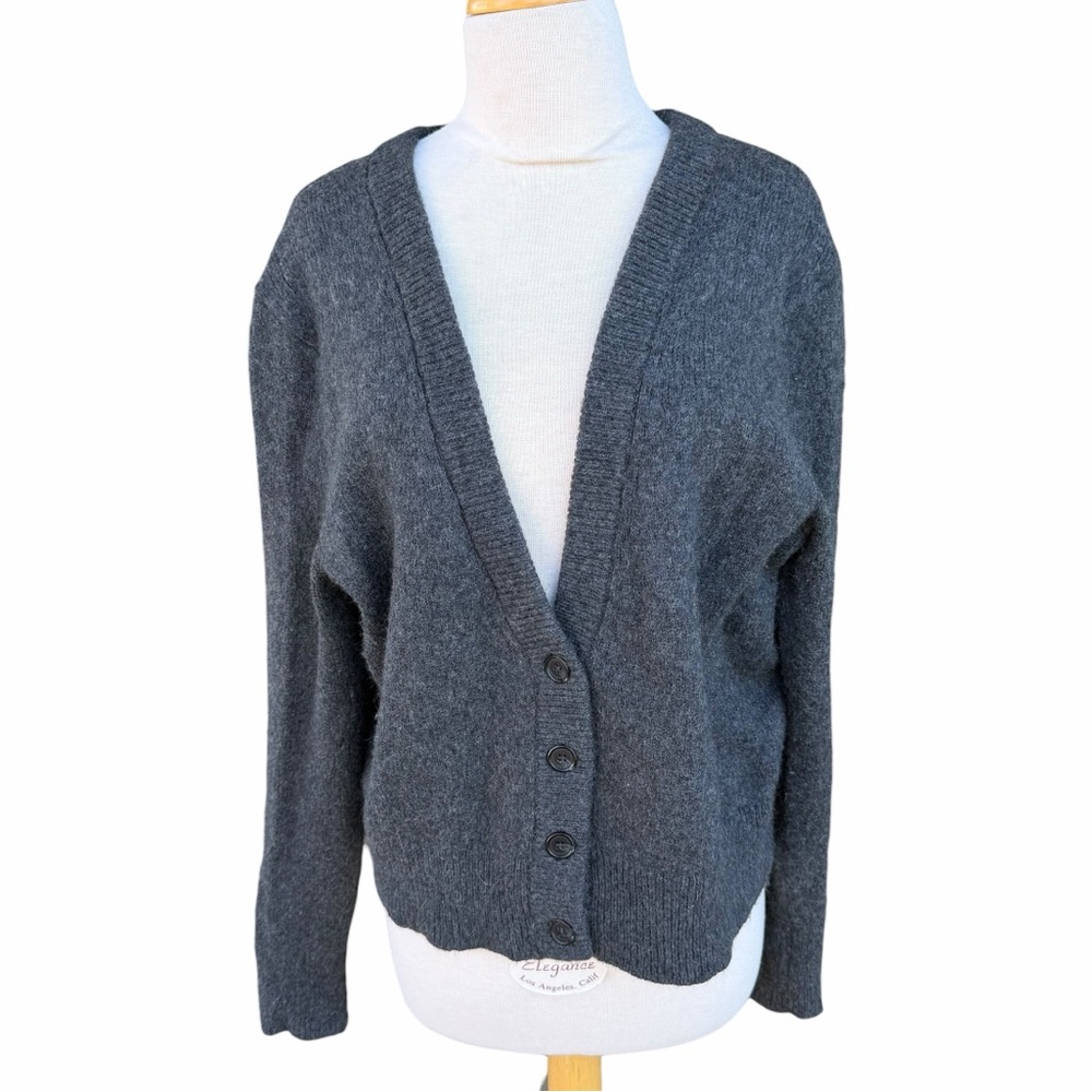 Jenni Kayne Boyfriend Cardigan Charcoal Gray V-Neck Med Cashmere Wool Soft Guc
